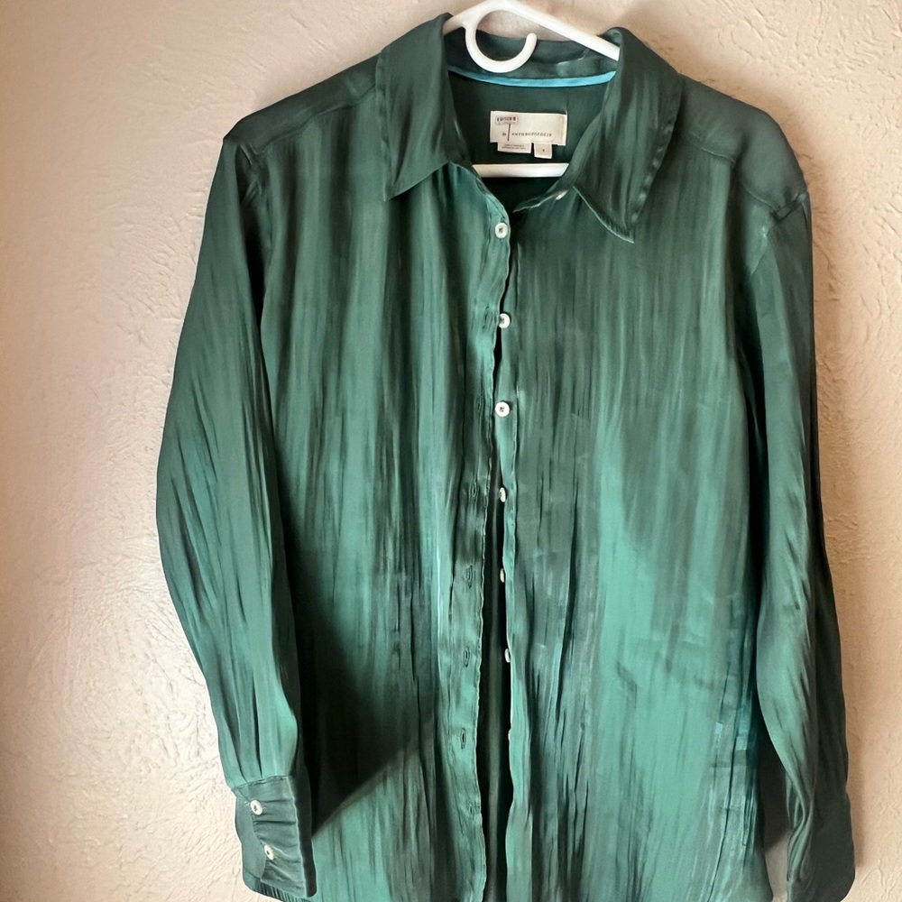 Anthro Green Sheer Button Down Blouse | Size S | Lightweight & Flowy